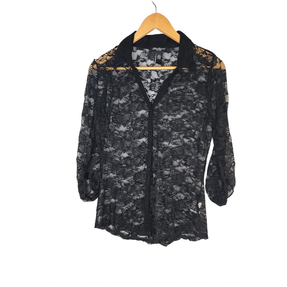 Black Sheer Floral Lace Button Front Blouse Y2K Goth Romantic Top Medium